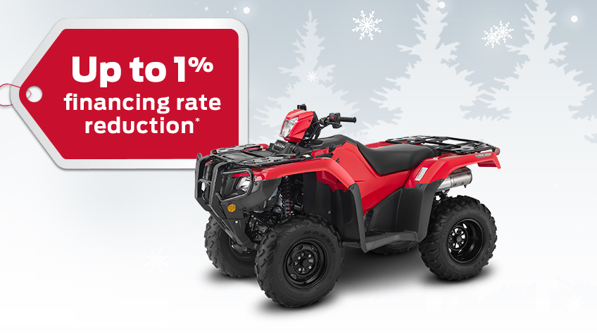 A Honda ATV on a winter background with snowflakes with a red gift tag advertising a 1% interest rate reduction 