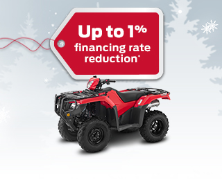 A Honda ATV on a winter background with snowflakes with a red gift tag advertising a 1% interest rate reduction 